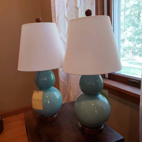 NWT Rare Aqua Color Ralph Lauren Petite Double Gourd Pair of Lamps - Picture 10 of 16